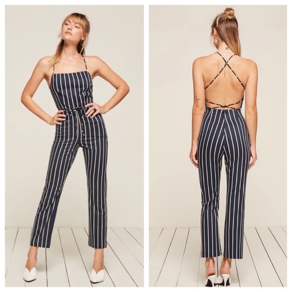reformation striped jumpsuit